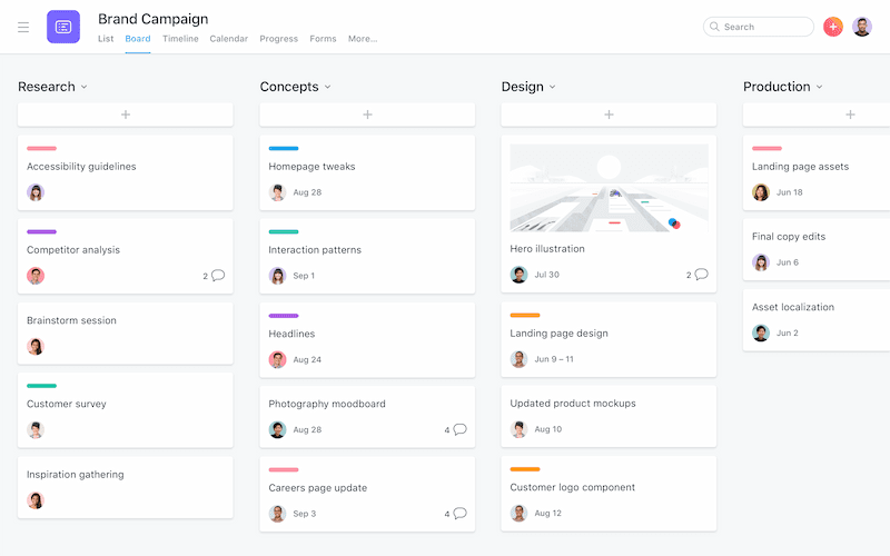 Asana Boards view organizes each to do list task like sticky notes